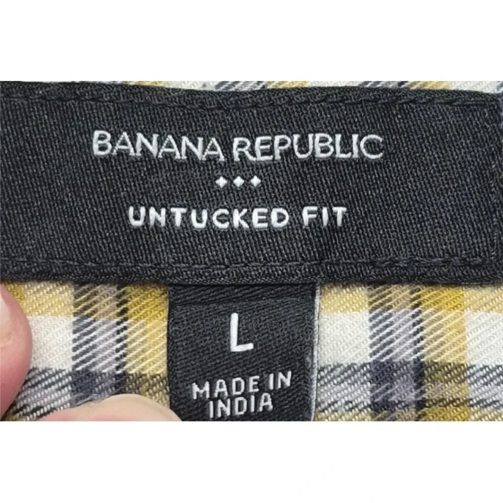 Banana Republic Untucked Fit men's brown plaid‎ LS button up shirt LG Cotton